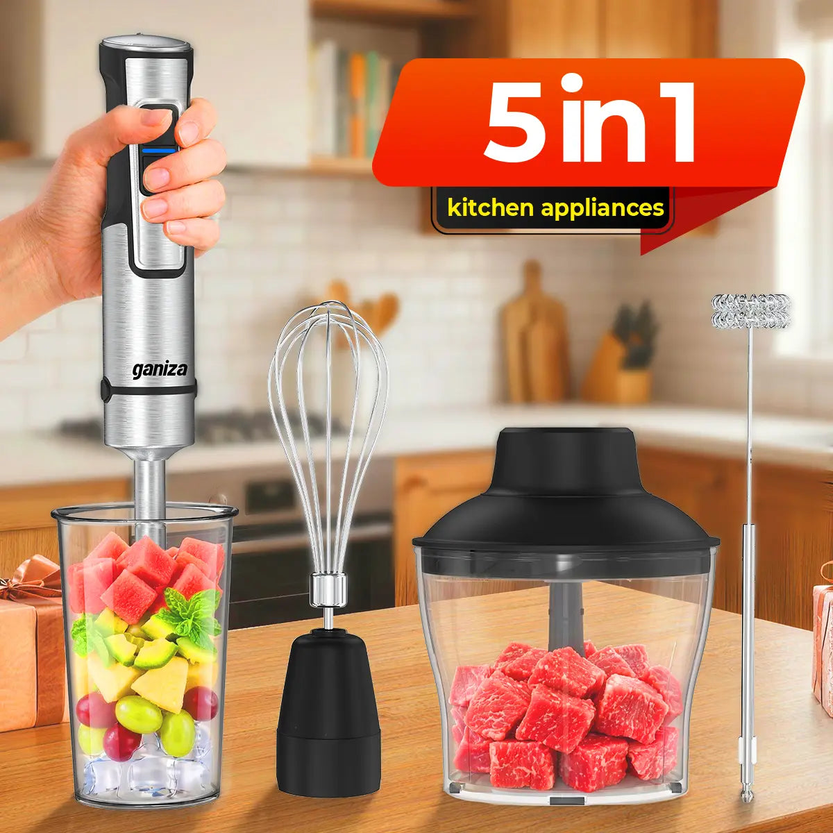 Ganiza Immersion Blender 15 Speed Kitchen Hand Mixer Stainless Steel Stick Head Whisk Milk Frother Masher Blending Cup Chopping Bowl Recipe Guide Kitchen Supplies Ideal Gift for Home Cooks Slow Cold Pressed Juicer Machine