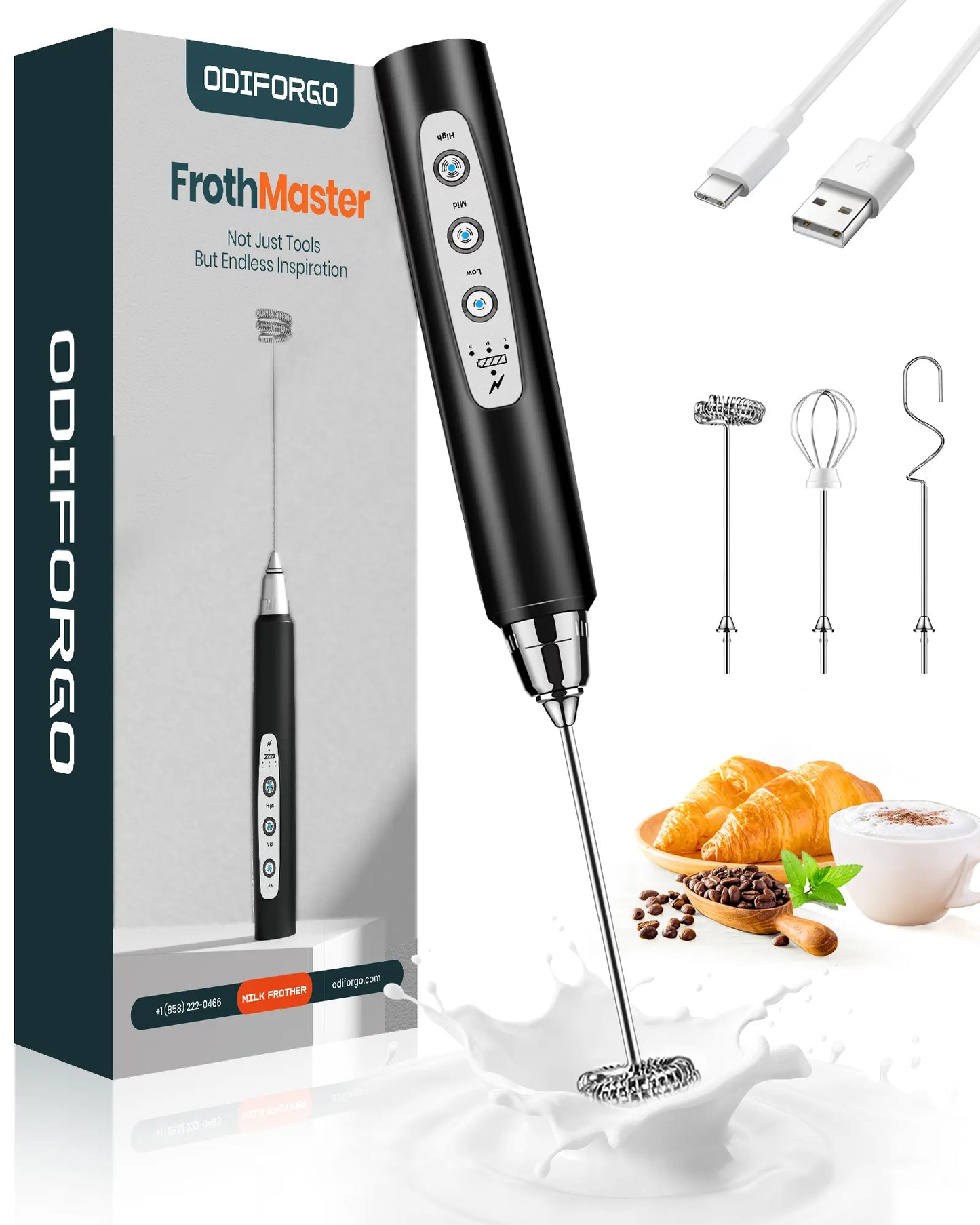 ODIFORGO 3-Speed Handheld Milk Frother with 3 Detachable Stainless Steel Whisks | USB Rechargeable Coffee & Drink Mixer Wand | Electric Foam Maker for Lattes, Cappuccinos, Matcha & Prebiotic Powder