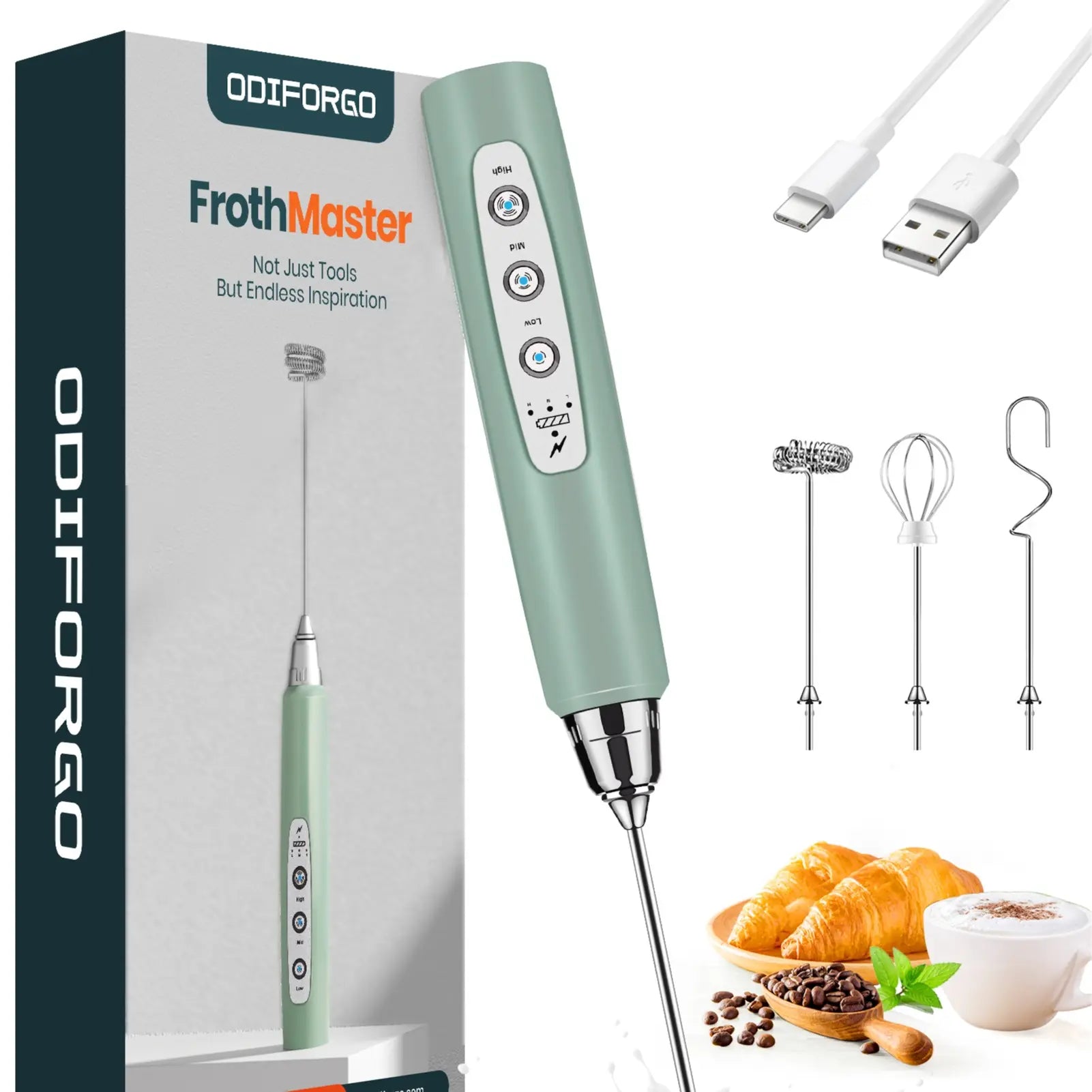 ODIFORGO 3-Speed Handheld Milk Frother with 3 Detachable Stainless Steel Whisks | USB Rechargeable Coffee & Drink Mixer Wand | Electric Foam Maker for Lattes, Cappuccinos, Matcha & Prebiotic Powder