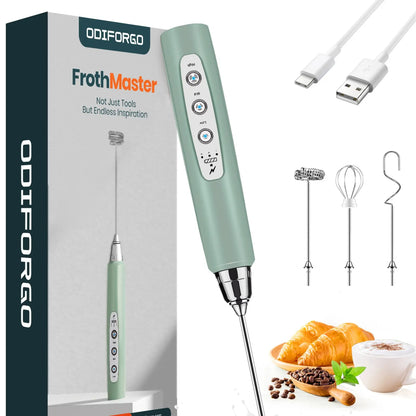 ODIFORGO 3-Speed Handheld Milk Frother with 3 Detachable Stainless Steel Whisks | USB Rechargeable Coffee & Drink Mixer Wand | Electric Foam Maker for Lattes, Cappuccinos, Matcha & Prebiotic Powder