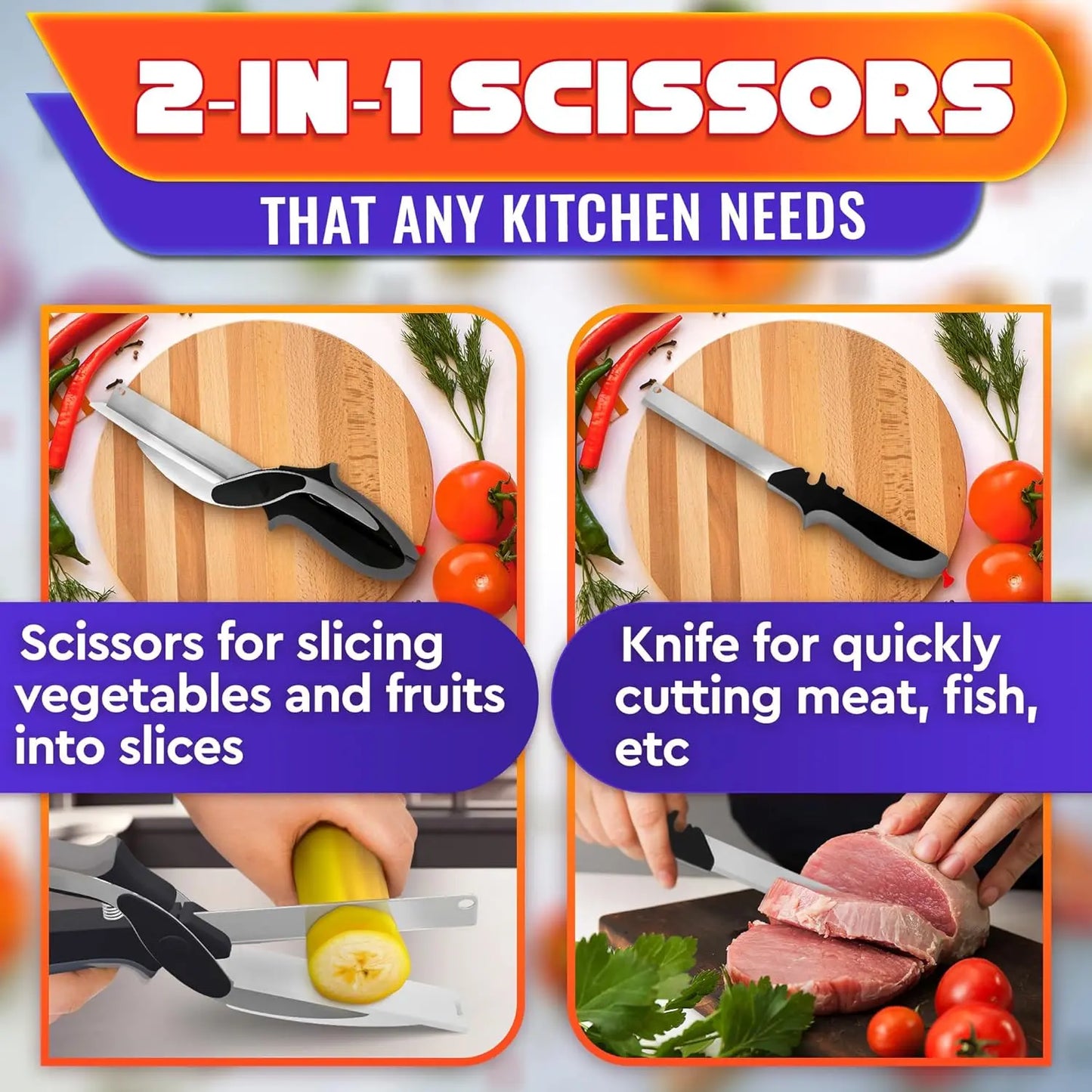 2 in 1 Kitchen Scissors for Food – Stainless Steel Blade & Plastic Cutting Board Scissors with Safety Lock | 9.6" Tomato Knife, Fruit & Vegetable Cutter – Easy-To-Use Kitchen Shears for Meat, Cheese