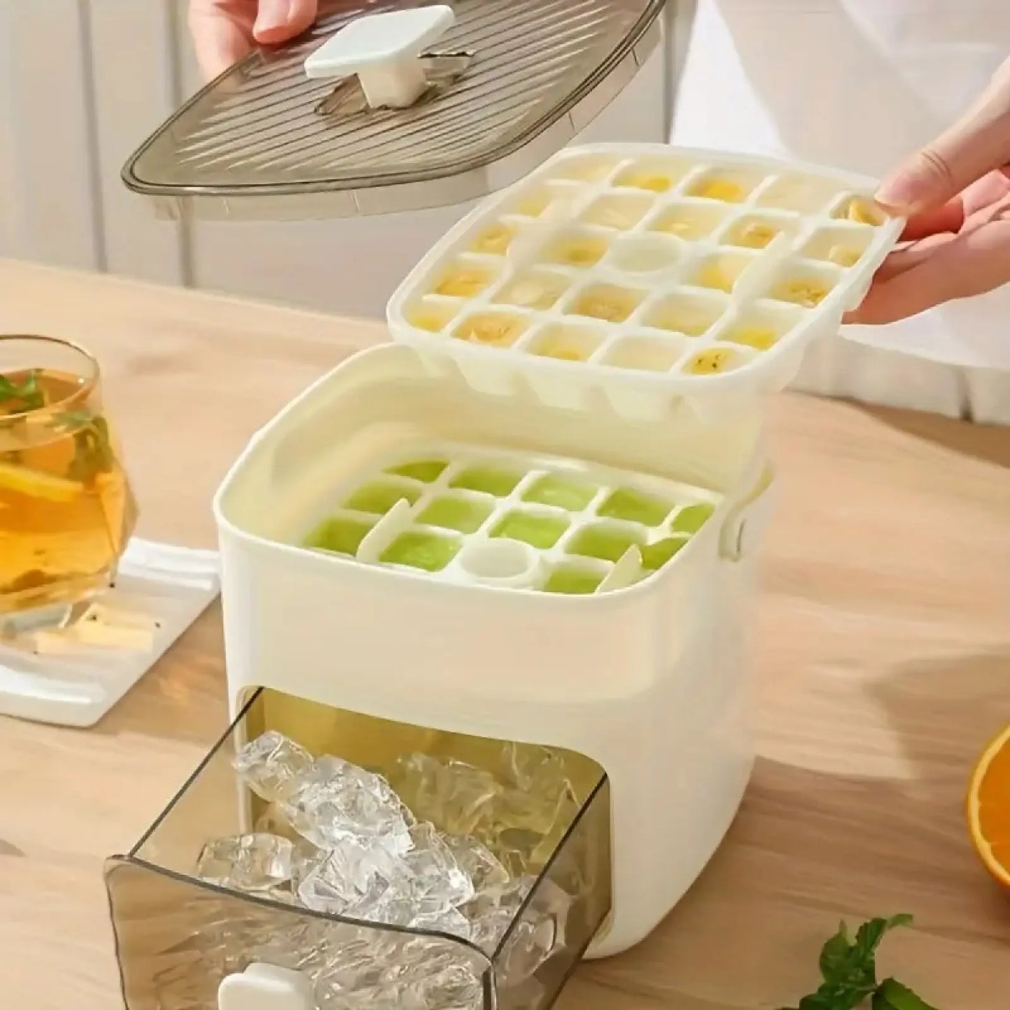 Double-Layer 48-Compartment Ice Cube Tray with Easy-Press Lid | Silicone Ice Maker Mold & Large Storage Bin Combo | Food-Grade Durable Organizer for Cocktails, Whiskey & Summer Drinks