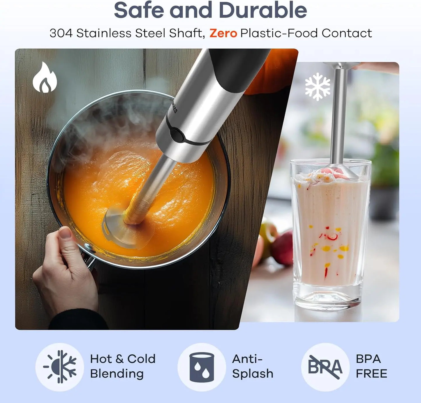 Ganiza Immersion Blender 15 Speed Kitchen Hand Mixer Stainless Steel Stick Head Whisk Milk Frother Masher Blending Cup Chopping Bowl Recipe Guide Kitchen Supplies Ideal Gift for Home Cooks Slow Cold Pressed Juicer Machine