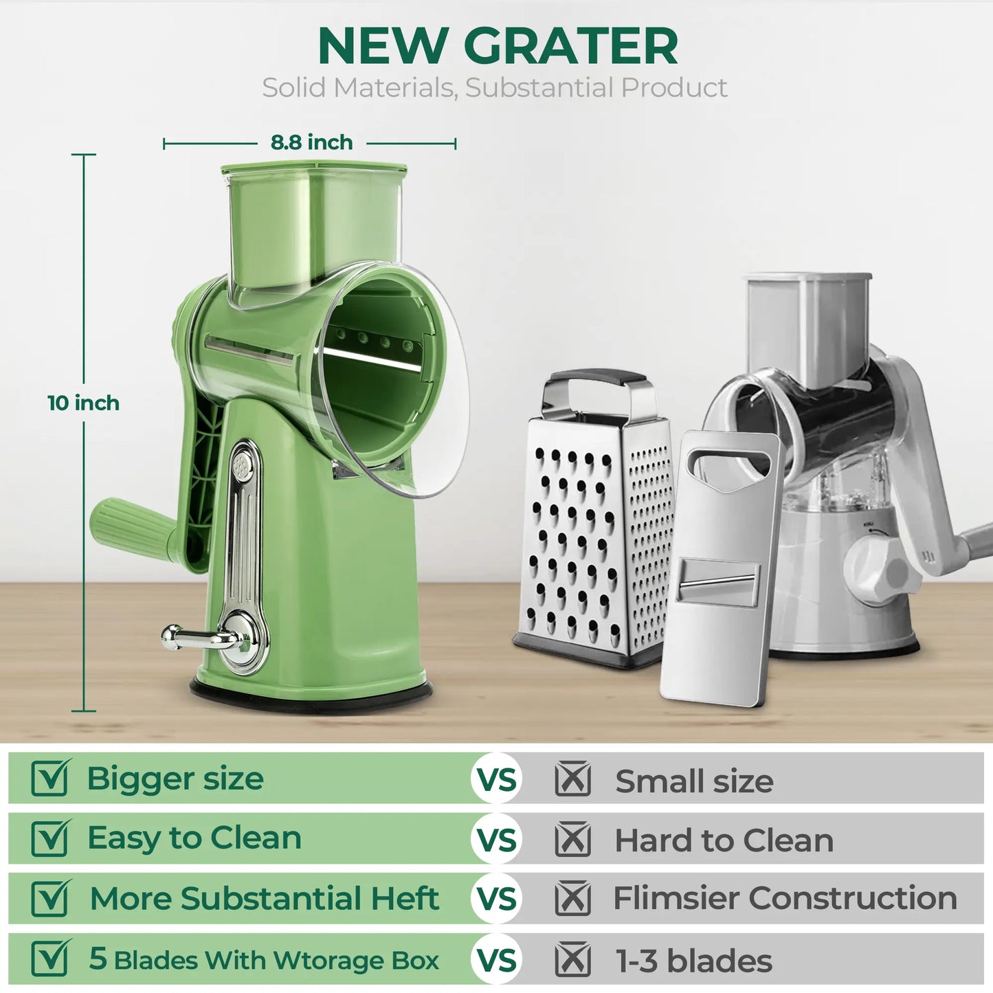 SUSTEAS Rotary Cheese Grater with Handle, 5 Well-Designed Blades, Strong Suction Cup Base, Kitchen Utensils Vegetable Slicer Dicer Fruit Vegetable Slicer Gadgets Kitchen