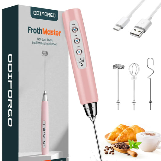 ODIFORGO 3-Speed Handheld Milk Frother with 3 Detachable Stainless Steel Whisks | USB Rechargeable Coffee & Drink Mixer Wand | Electric Foam Maker for Lattes, Cappuccinos, Matcha & Prebiotic Powder