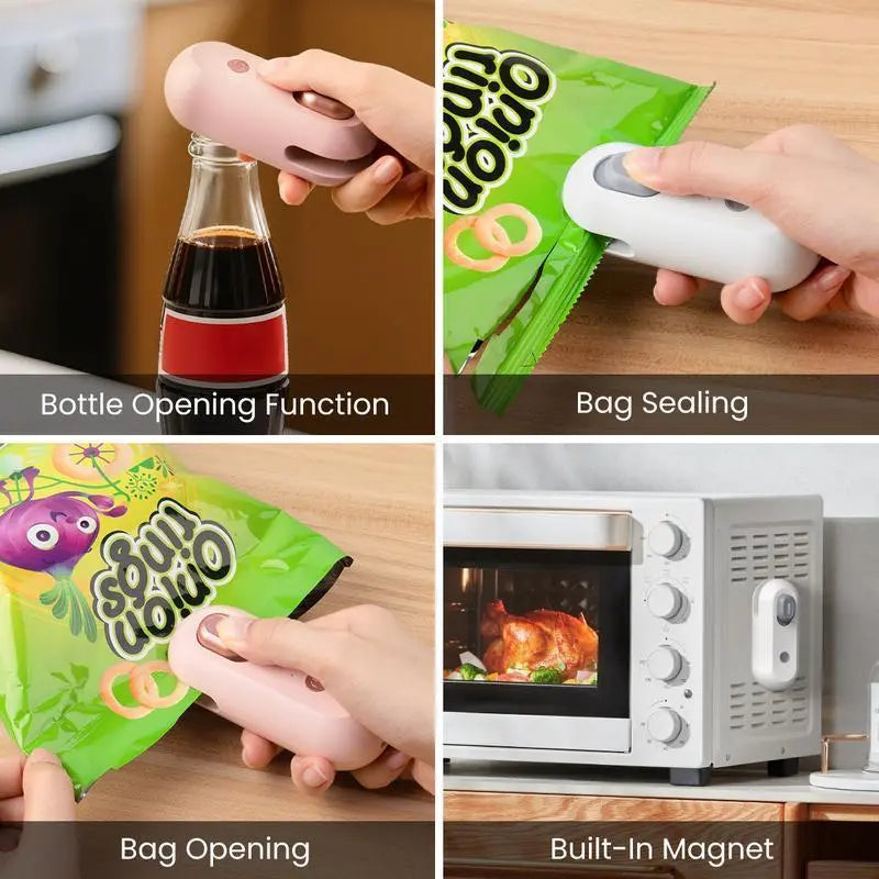 4-in-1 USB Rechargeable Mini Heat Sealer with Built-In Cutter, Magnetic Design, Portable Snack Bag Sealer, and Beer Bottle Opener for Home Food Storage
