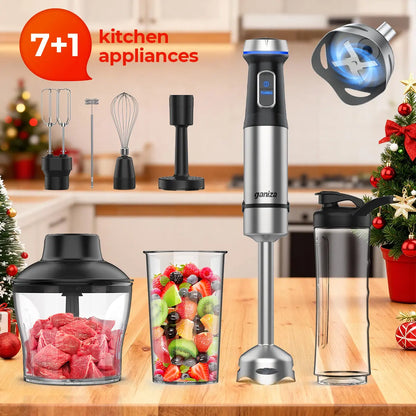 Ganiza Immersion Blender 15 Speed Kitchen Hand Mixer Stainless Steel Stick Head Whisk Milk Frother Masher Blending Cup Chopping Bowl Recipe Guide Kitchen Supplies Ideal Gift for Home Cooks Slow Cold Pressed Juicer Machine