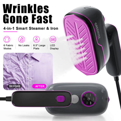 Greenyee 4-in-1 Smart Handheld Garment Steamer & Clothes Iron | 6 Fabric Modes, LED Display & Large 6.5" Ceramic Soleplate | 150ml Leak-Proof Portable Travel Steamer for Home & Business Travel