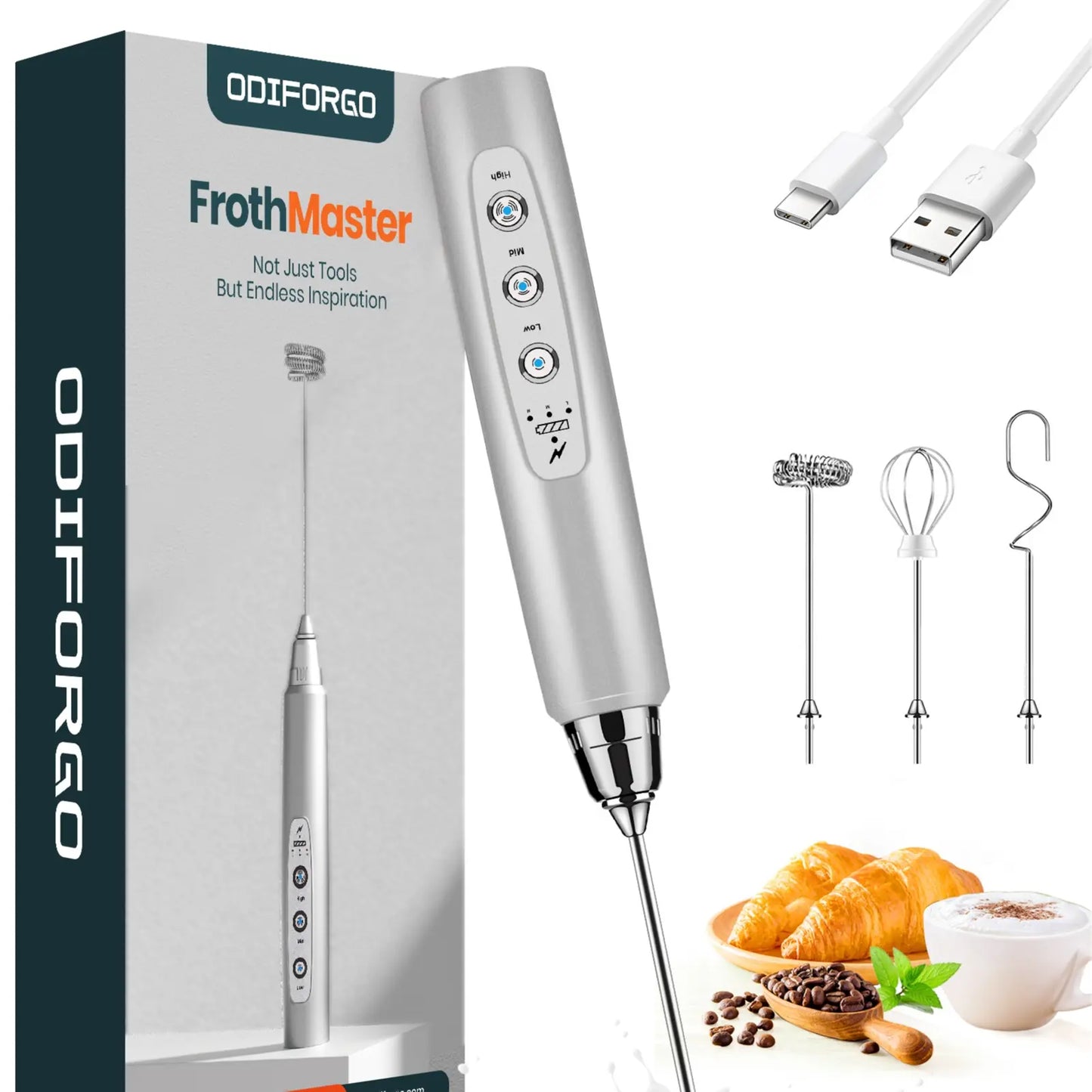 ODIFORGO 3-Speed Handheld Milk Frother with 3 Detachable Stainless Steel Whisks | USB Rechargeable Coffee & Drink Mixer Wand | Electric Foam Maker for Lattes, Cappuccinos, Matcha & Prebiotic Powder
