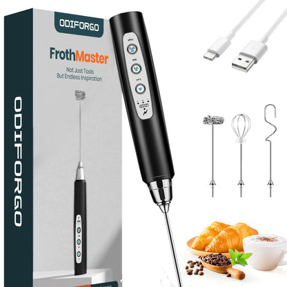 ODIFORGO 3-Speed Handheld Milk Frother with 3 Detachable Stainless Steel Whisks | USB Rechargeable Coffee & Drink Mixer Wand | Electric Foam Maker for Lattes, Cappuccinos, Matcha & Prebiotic Powder