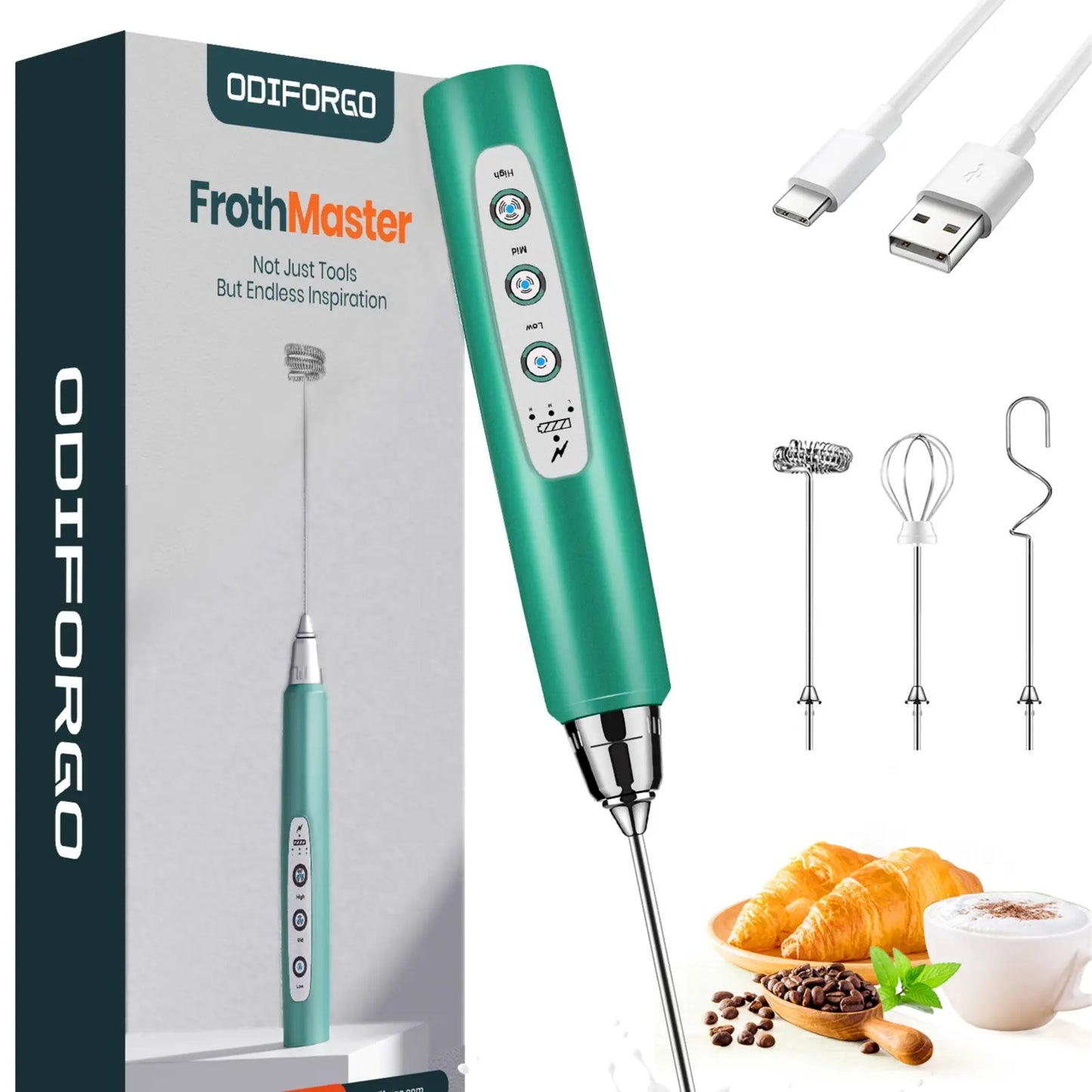 ODIFORGO 3-Speed Handheld Milk Frother with 3 Detachable Stainless Steel Whisks | USB Rechargeable Coffee & Drink Mixer Wand | Electric Foam Maker for Lattes, Cappuccinos, Matcha & Prebiotic Powder