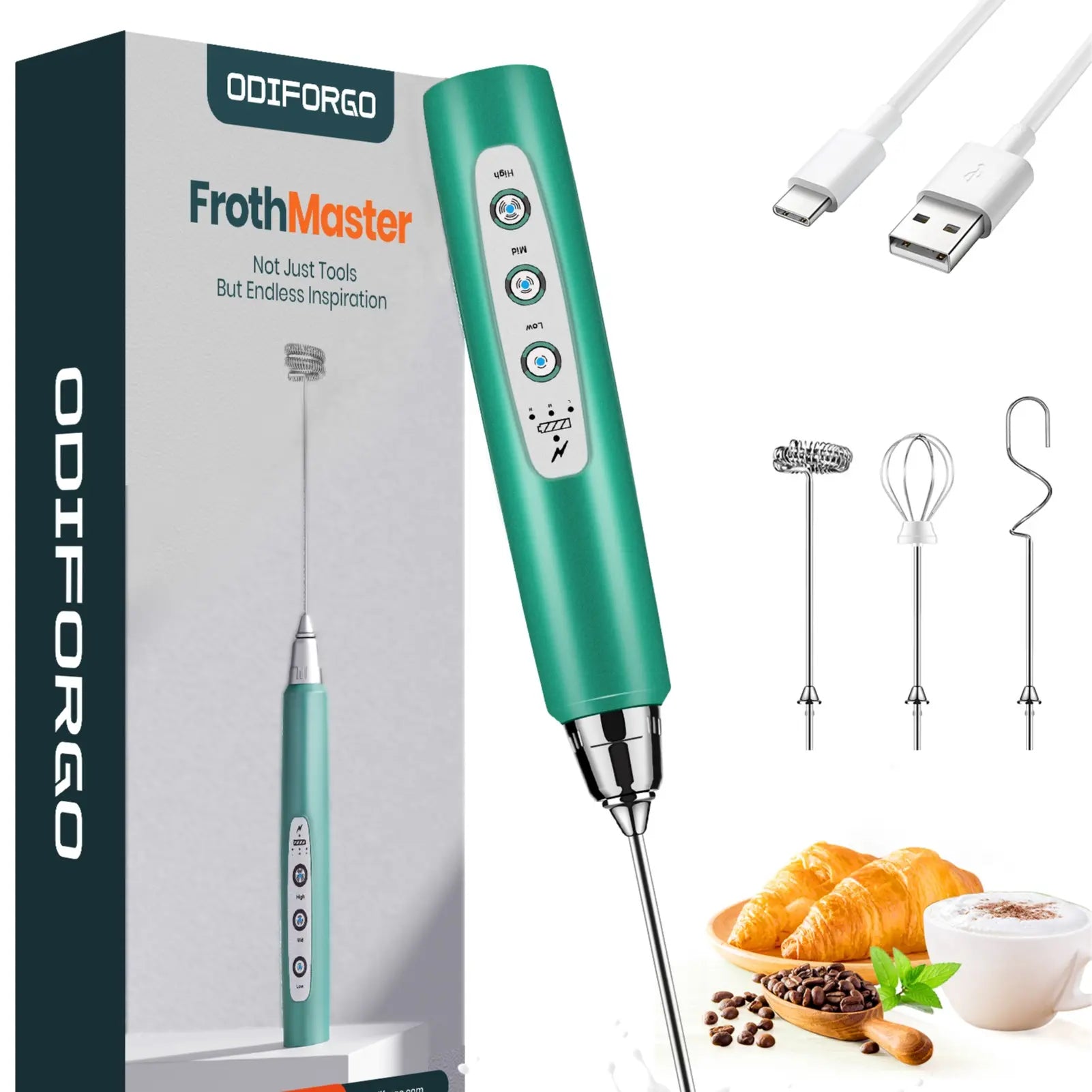 ODIFORGO 3-Speed Handheld Milk Frother with 3 Detachable Stainless Steel Whisks | USB Rechargeable Coffee & Drink Mixer Wand | Electric Foam Maker for Lattes, Cappuccinos, Matcha & Prebiotic Powder