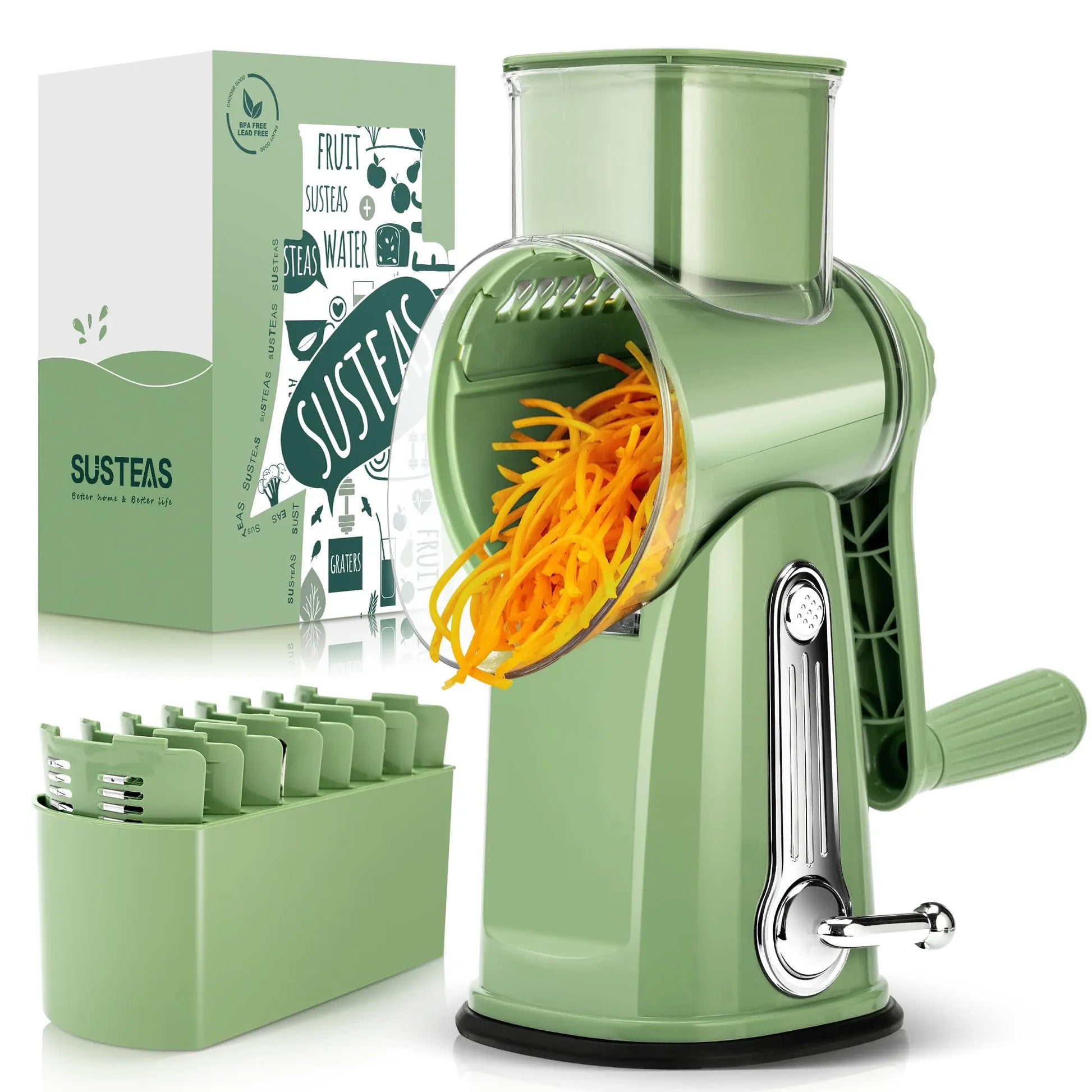 SUSTEAS Rotary Cheese Grater with Handle, 5 Well-Designed Blades, Strong Suction Cup Base, Kitchen Utensils Vegetable Slicer Dicer Fruit Vegetable Slicer Gadgets Kitchen