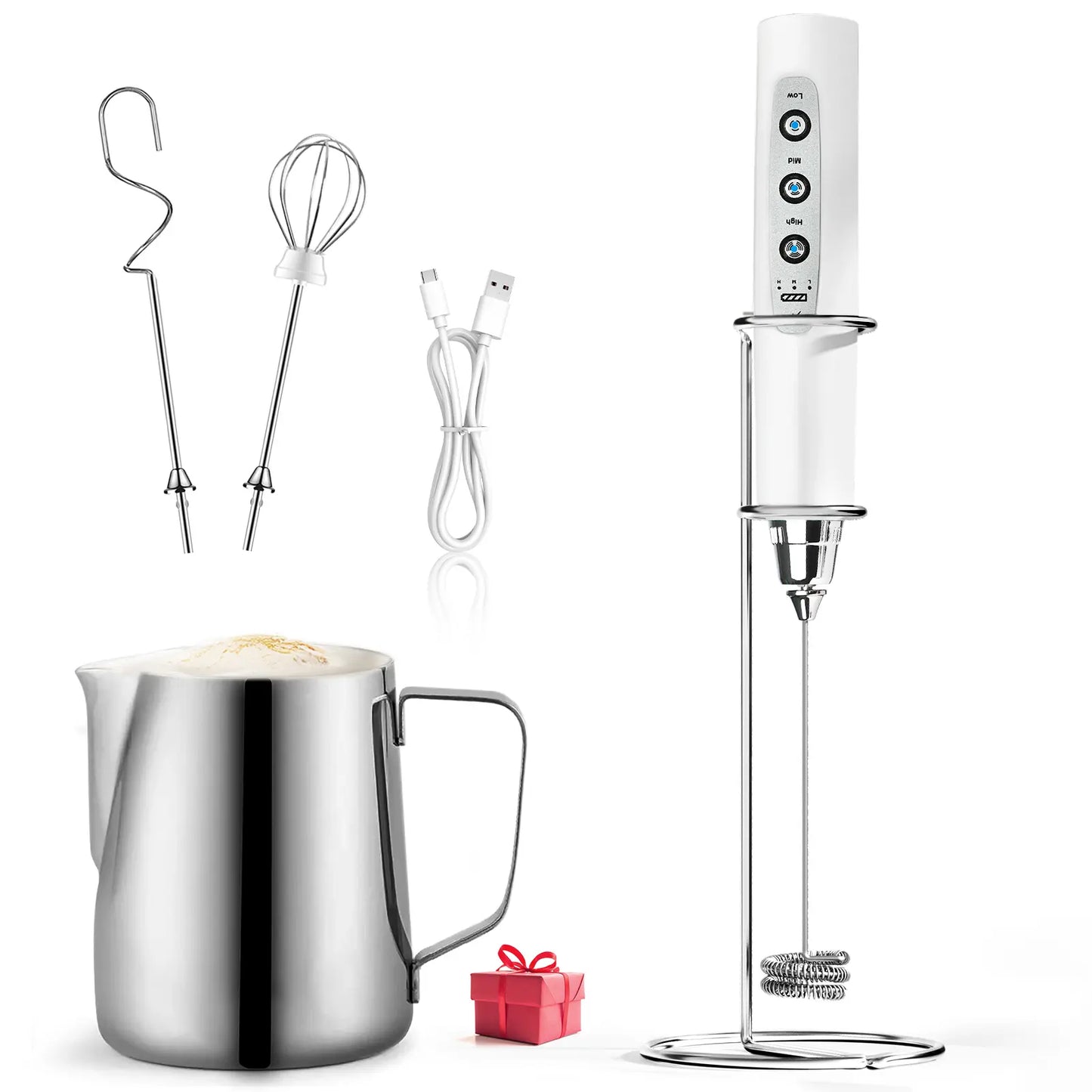 ODIFORGO 3-Speed Handheld Milk Frother with 3 Detachable Stainless Steel Whisks | USB Rechargeable Coffee & Drink Mixer Wand | Electric Foam Maker for Lattes, Cappuccinos, Matcha & Prebiotic Powder