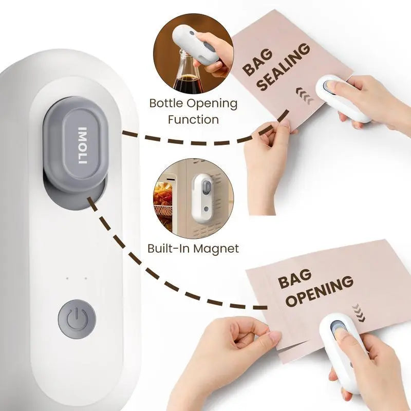 4-in-1 USB Rechargeable Mini Heat Sealer with Built-In Cutter, Magnetic Design, Portable Snack Bag Sealer, and Beer Bottle Opener for Home Food Storage