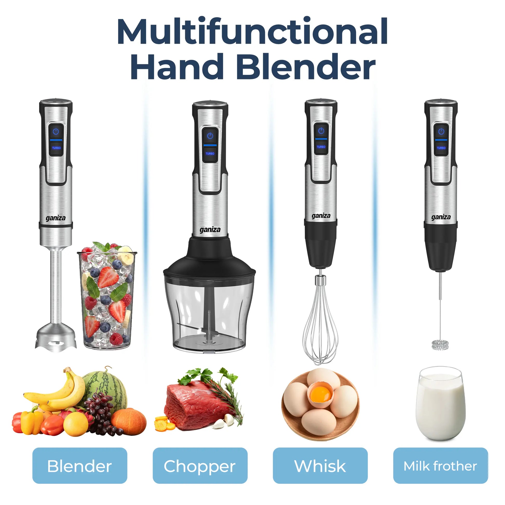 Ganiza Immersion Blender 15 Speed Kitchen Hand Mixer Stainless Steel Stick Head Whisk Milk Frother Masher Blending Cup Chopping Bowl Recipe Guide Kitchen Supplies Ideal Gift for Home Cooks Slow Cold Pressed Juicer Machine