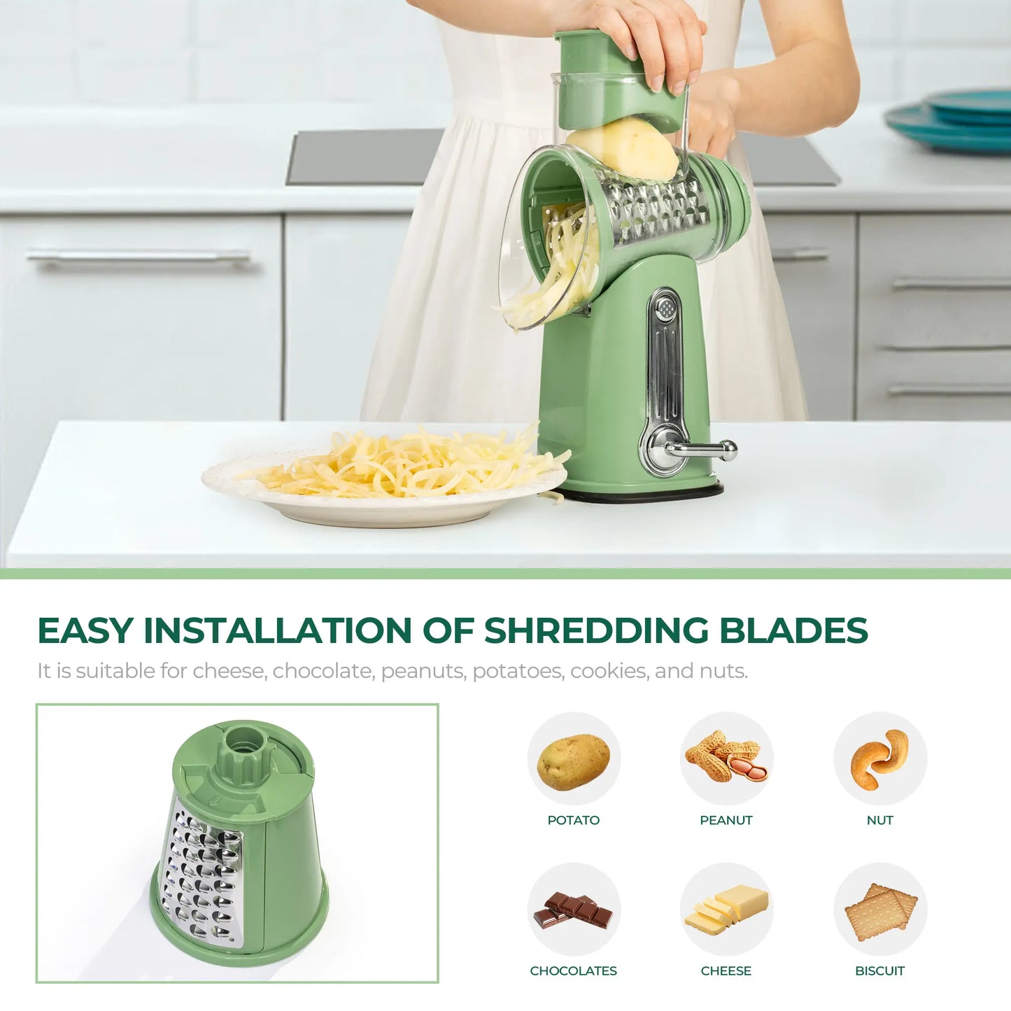 SUSTEAS Rotary Cheese Grater with Handle, 5 Well-Designed Blades, Strong Suction Cup Base, Kitchen Utensils Vegetable Slicer Dicer Fruit Vegetable Slicer Gadgets Kitchen