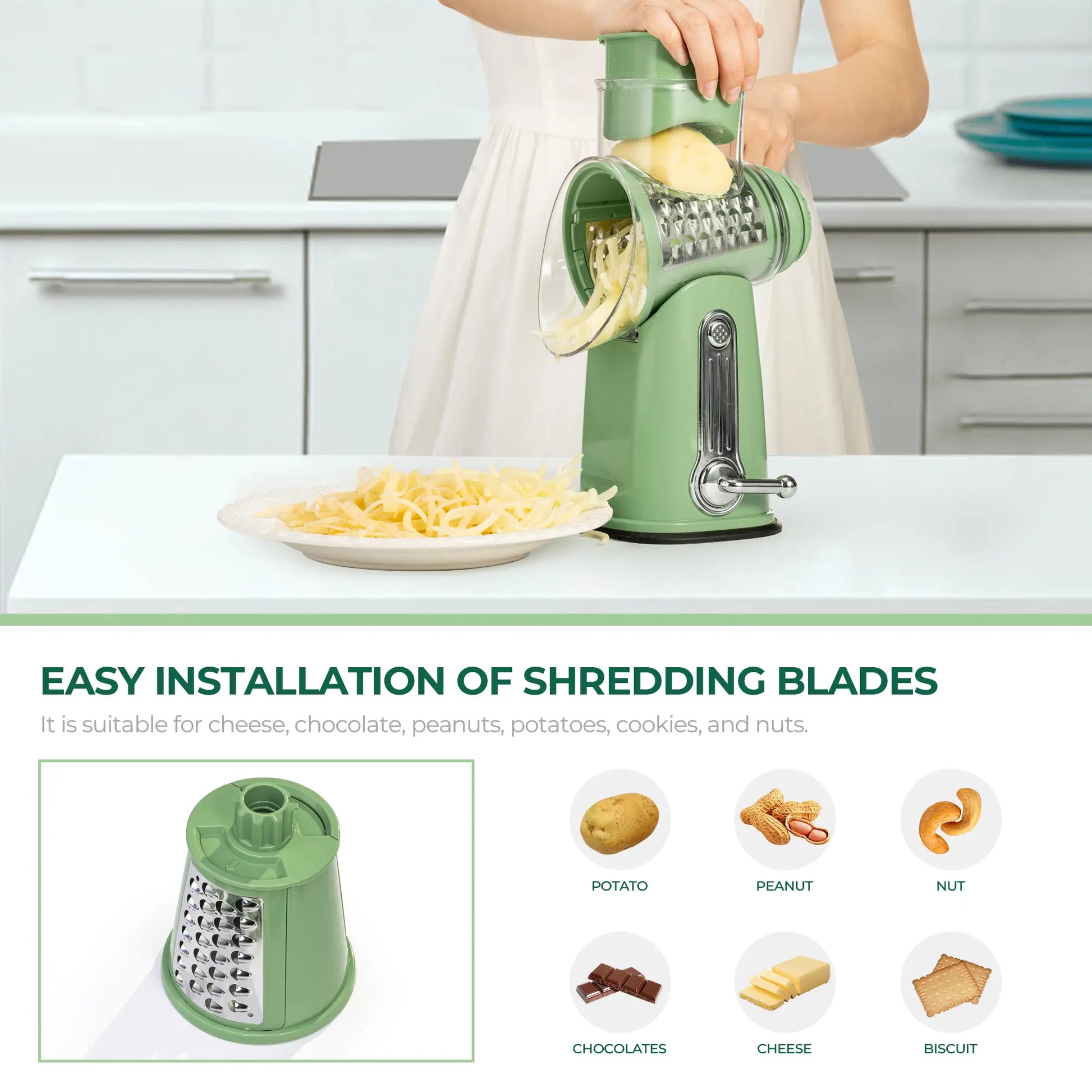 SUSTEAS Rotary Cheese Grater with Handle, 5 Well-Designed Blades, Strong Suction Cup Base, Kitchen Utensils Vegetable Slicer Dicer Fruit Vegetable Slicer Gadgets Kitchen