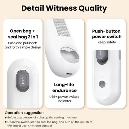 4-in-1 USB Rechargeable Mini Heat Sealer with Built-In Cutter, Magnetic Design, Portable Snack Bag Sealer, and Beer Bottle Opener for Home Food Storage