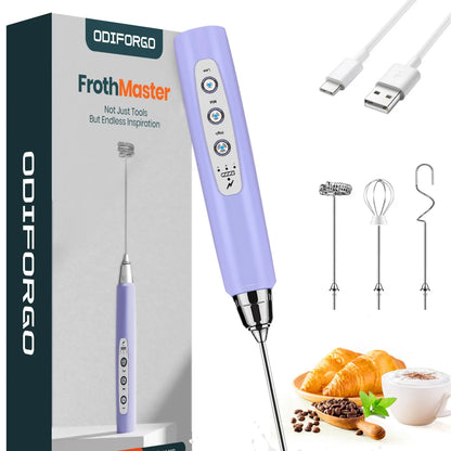 ODIFORGO 3-Speed Handheld Milk Frother with 3 Detachable Stainless Steel Whisks | USB Rechargeable Coffee & Drink Mixer Wand | Electric Foam Maker for Lattes, Cappuccinos, Matcha & Prebiotic Powder