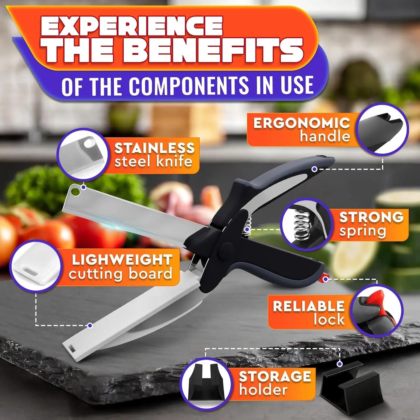 2 in 1 Kitchen Scissors for Food – Stainless Steel Blade & Plastic Cutting Board Scissors with Safety Lock | 9.6" Tomato Knife, Fruit & Vegetable Cutter – Easy-To-Use Kitchen Shears for Meat, Cheese