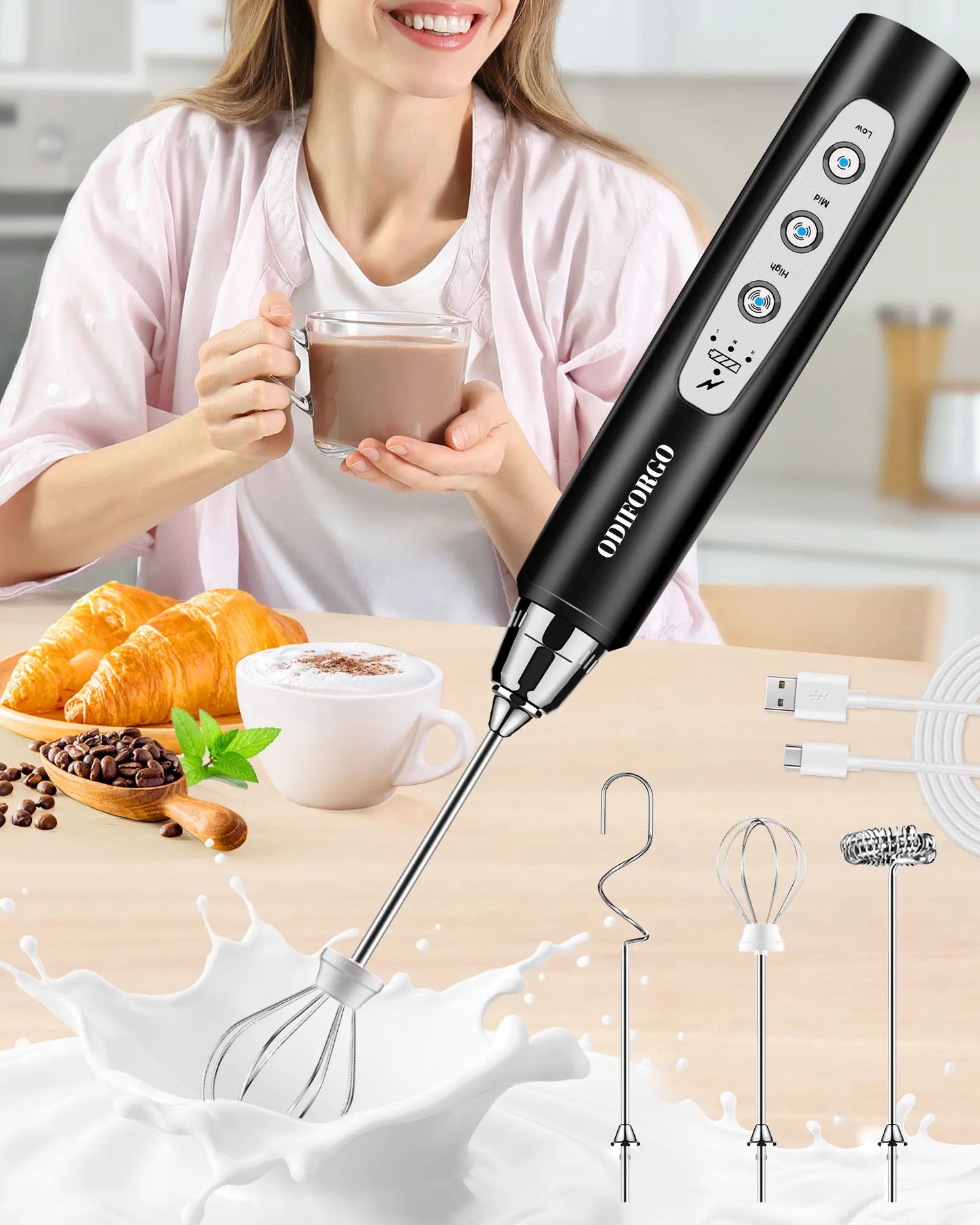 ODIFORGO 3-Speed Handheld Milk Frother with 3 Detachable Stainless Steel Whisks | USB Rechargeable Coffee & Drink Mixer Wand | Electric Foam Maker for Lattes, Cappuccinos, Matcha & Prebiotic Powder