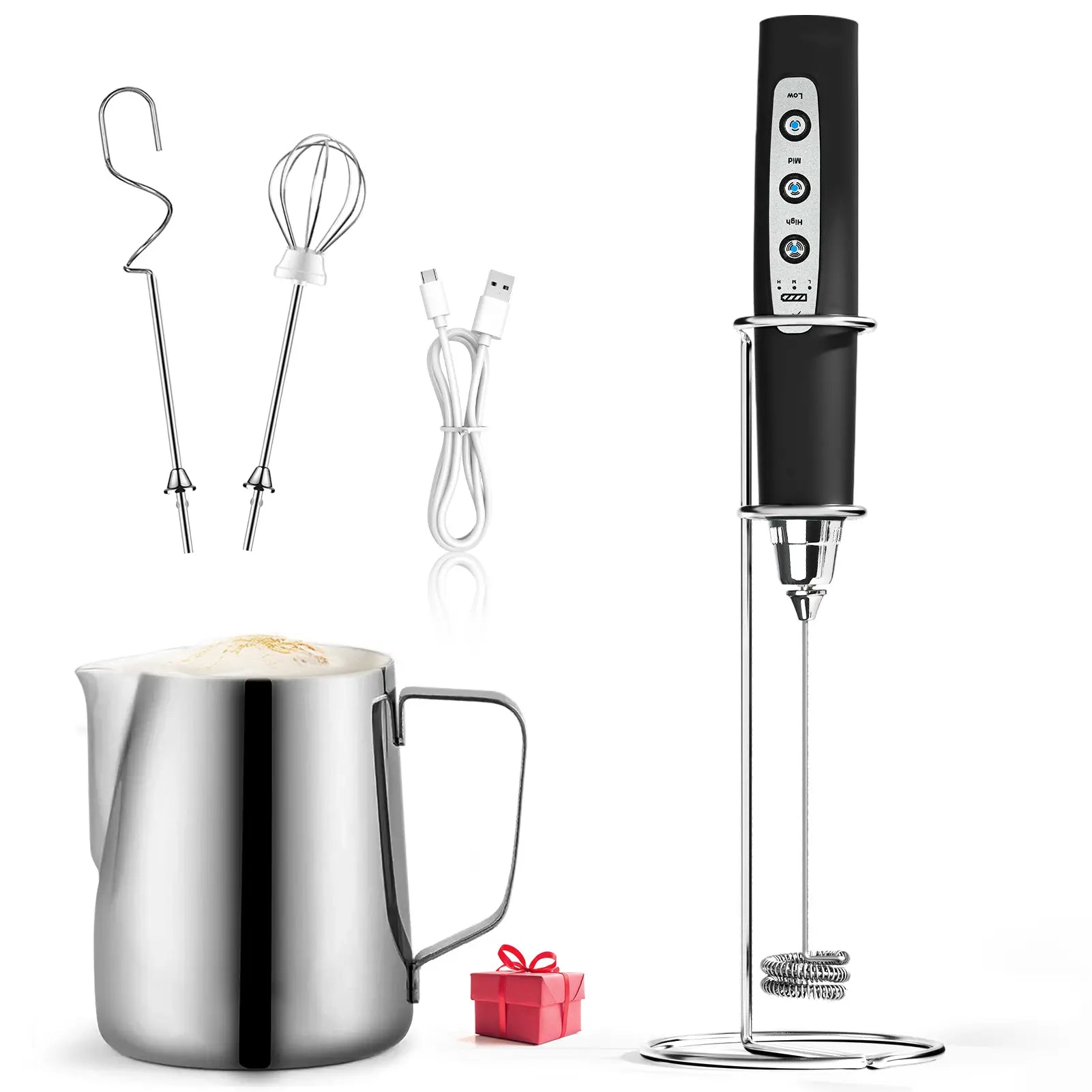 ODIFORGO 3-Speed Handheld Milk Frother with 3 Detachable Stainless Steel Whisks | USB Rechargeable Coffee & Drink Mixer Wand | Electric Foam Maker for Lattes, Cappuccinos, Matcha & Prebiotic Powder