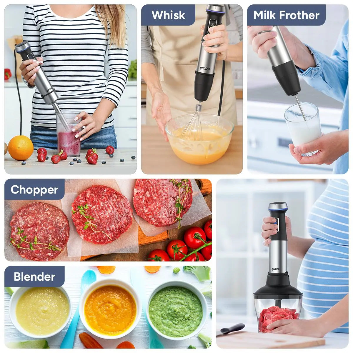 Ganiza Immersion Blender 15 Speed Kitchen Hand Mixer Stainless Steel Stick Head Whisk Milk Frother Masher Blending Cup Chopping Bowl Recipe Guide Kitchen Supplies Ideal Gift for Home Cooks Slow Cold Pressed Juicer Machine