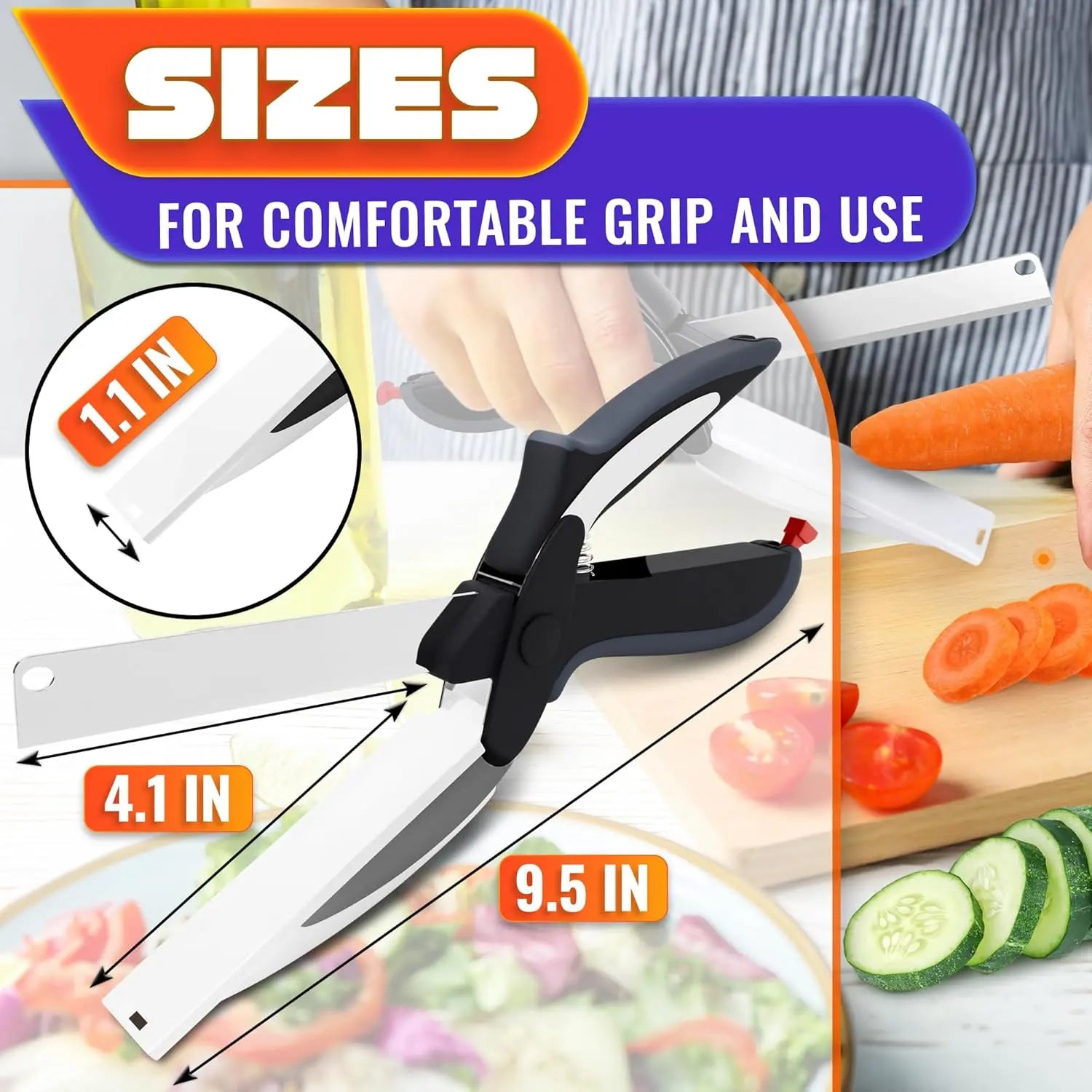 2 in 1 Kitchen Scissors for Food – Stainless Steel Blade & Plastic Cutting Board Scissors with Safety Lock | 9.6" Tomato Knife, Fruit & Vegetable Cutter – Easy-To-Use Kitchen Shears for Meat, Cheese