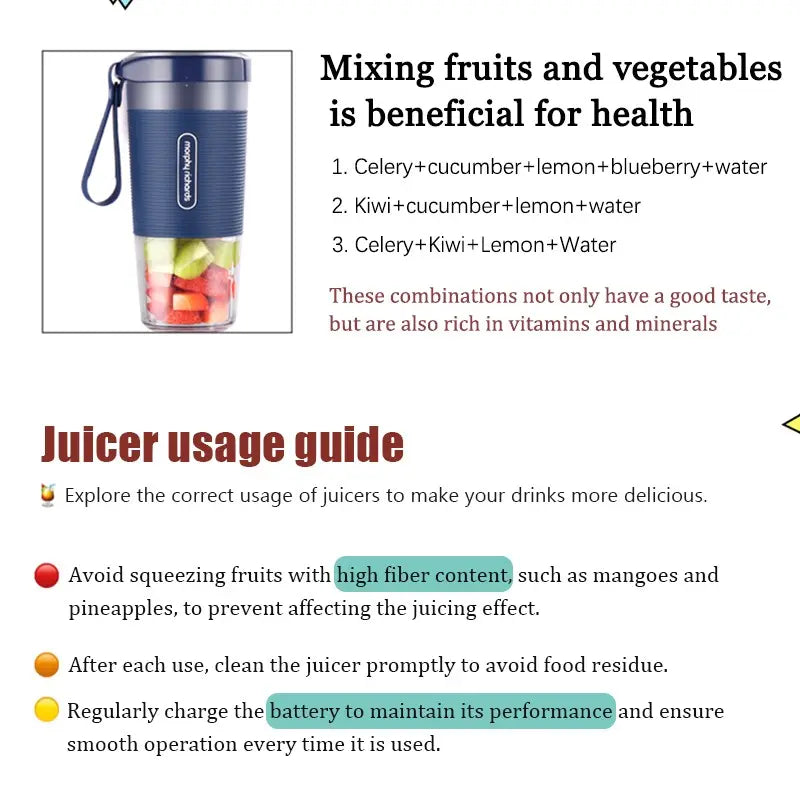 Portable USB Rechargeable Personal Blender & Juicer Combo | Compact Smoothie Maker for Shakes & Smoothies | Cordless Single-Serve Kitchen Appliance for Home, Gym & Travel