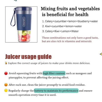 Portable USB Rechargeable Personal Blender & Juicer Combo | Compact Smoothie Maker for Shakes & Smoothies | Cordless Single-Serve Kitchen Appliance for Home, Gym & Travel