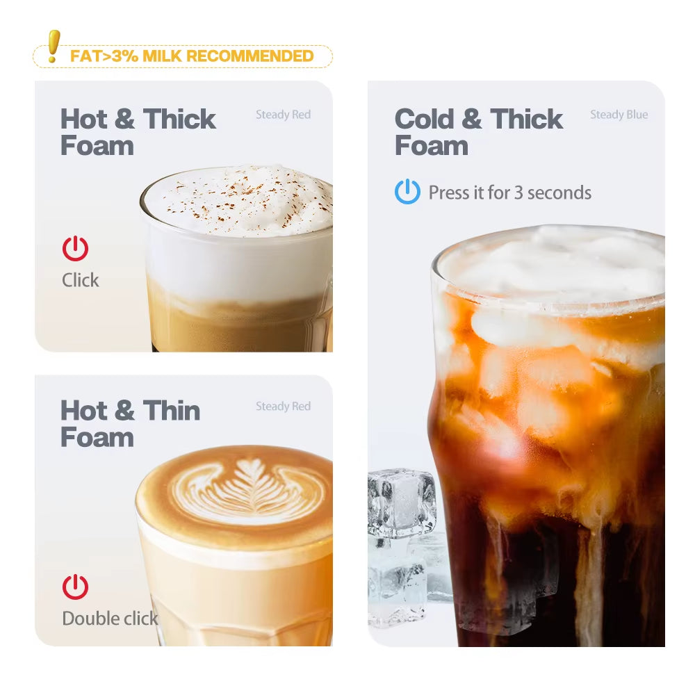 Milk Frother Frothing Foamer Chocolate Mixer Cold/Hot Latte Cappuccino Fully Automatic Milk Warmer Cool Touch M1A