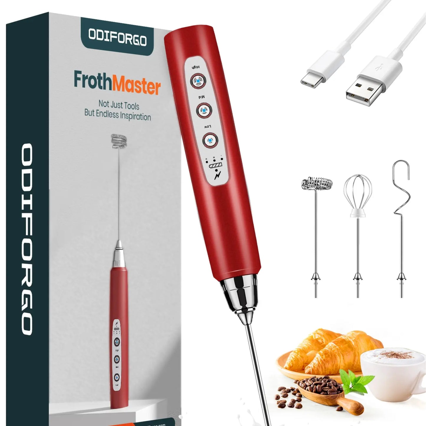 ODIFORGO 3-Speed Handheld Milk Frother with 3 Detachable Stainless Steel Whisks | USB Rechargeable Coffee & Drink Mixer Wand | Electric Foam Maker for Lattes, Cappuccinos, Matcha & Prebiotic Powder