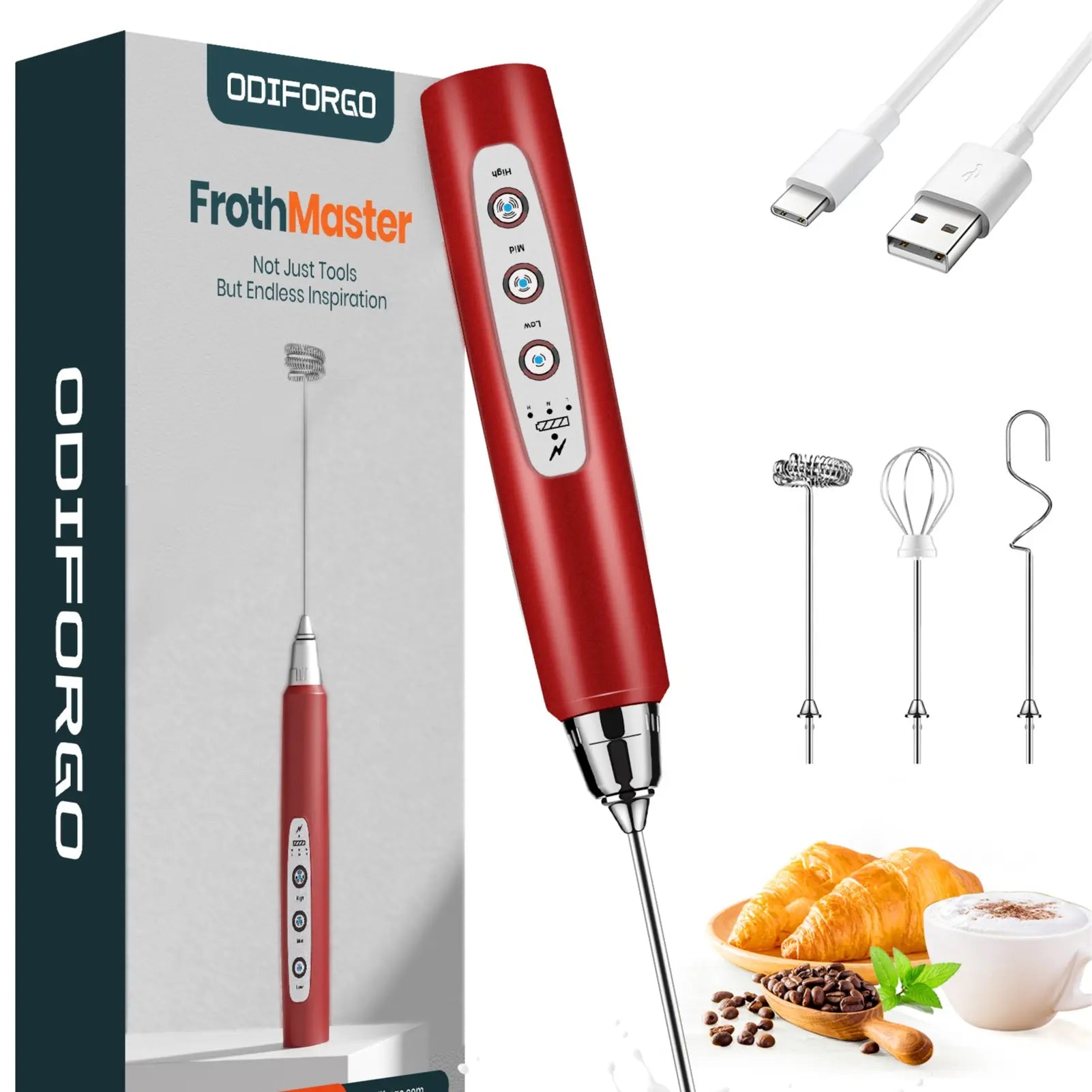 ODIFORGO 3-Speed Handheld Milk Frother with 3 Detachable Stainless Steel Whisks | USB Rechargeable Coffee & Drink Mixer Wand | Electric Foam Maker for Lattes, Cappuccinos, Matcha & Prebiotic Powder
