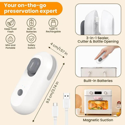 4-in-1 USB Rechargeable Mini Heat Sealer with Built-In Cutter, Magnetic Design, Portable Snack Bag Sealer, and Beer Bottle Opener for Home Food Storage
