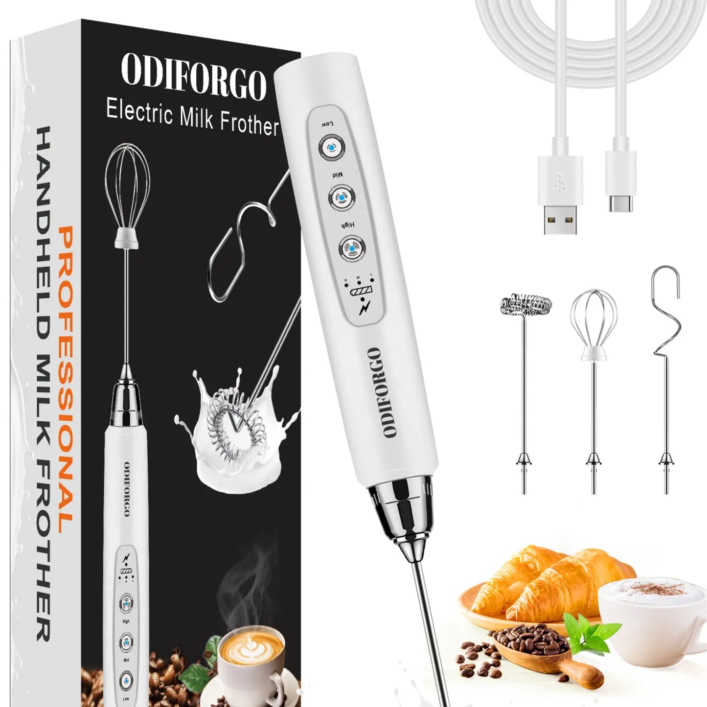 ODIFORGO 3-Speed Handheld Milk Frother with 3 Detachable Stainless Steel Whisks | USB Rechargeable Coffee & Drink Mixer Wand | Electric Foam Maker for Lattes, Cappuccinos, Matcha & Prebiotic Powder