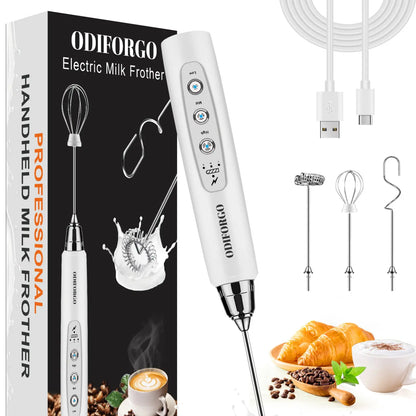 ODIFORGO 3-Speed Handheld Milk Frother with 3 Detachable Stainless Steel Whisks | USB Rechargeable Coffee & Drink Mixer Wand | Electric Foam Maker for Lattes, Cappuccinos, Matcha & Prebiotic Powder