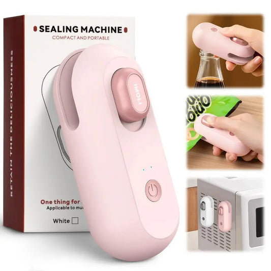 4-in-1 USB Rechargeable Mini Heat Sealer with Built-In Cutter, Magnetic Design, Portable Snack Bag Sealer, and Beer Bottle Opener for Home Food Storage